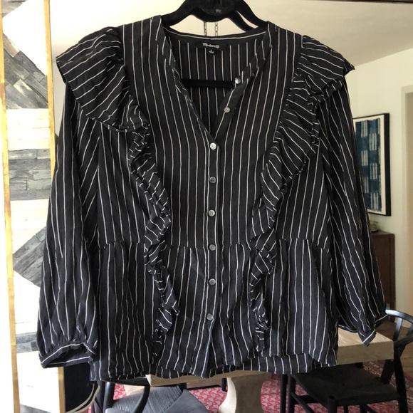 Madewell Black and White Blouse with Ruffles - Picture 3 of 7